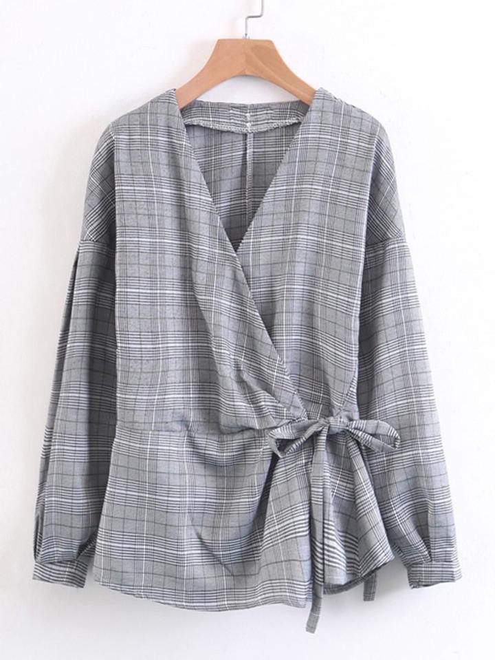 Shein Self Tie Surplice Plaid Blouse