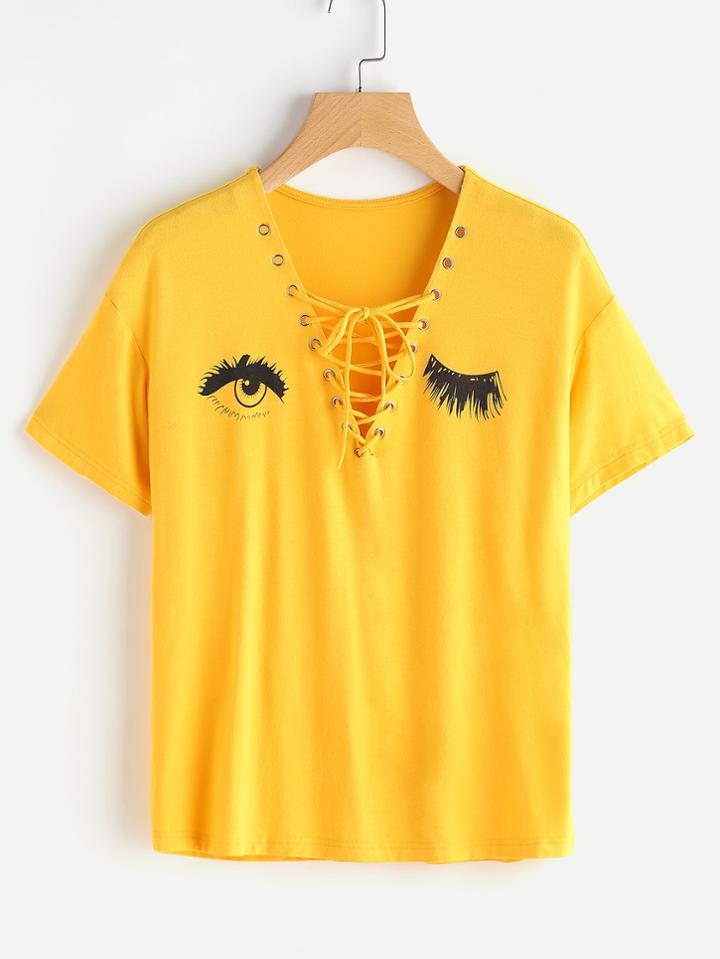 Shein Grommet Lace Up Wink Eyes Print Tee