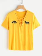 Shein Grommet Lace Up Wink Eyes Print Tee