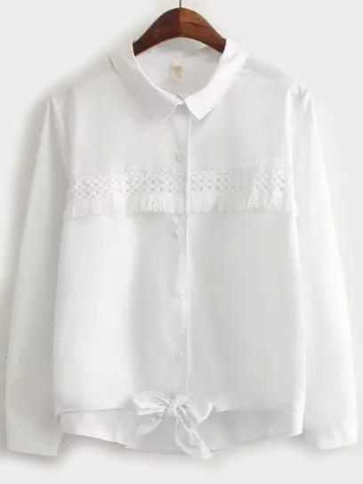 Shein White Long Sleeve Tassel Knotted Blouse