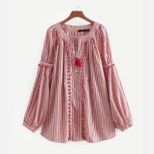 Shein Embroidered Tape Detail Pom Pom Striped Blouse