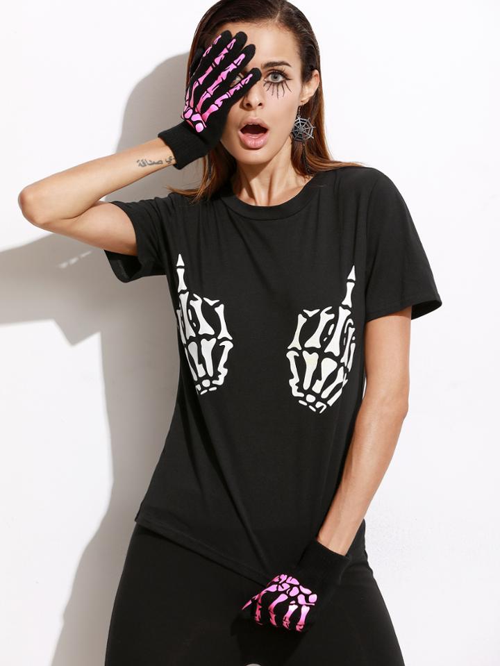 Shein Black Skeleton Hand Print Halloween T-shirt