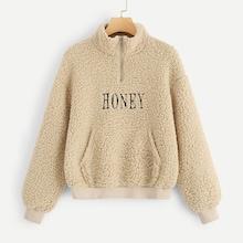 Shein Pocket & Zip Front Letter Teddy Jacket
