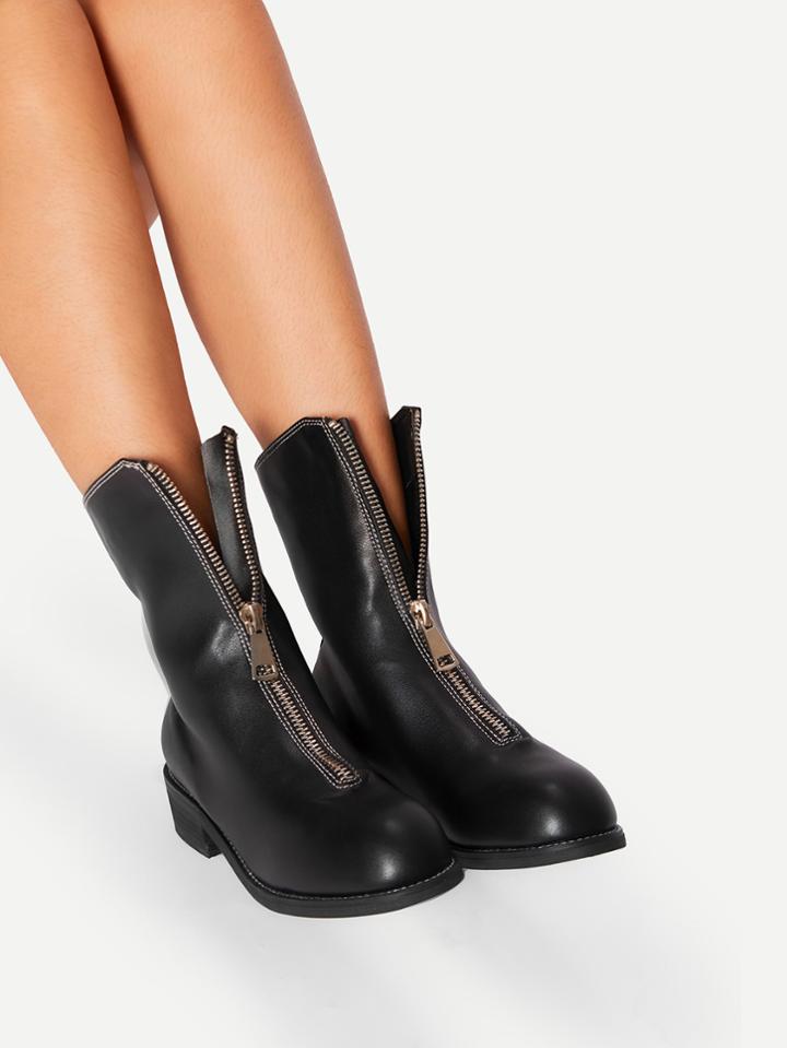 Shein Zipper Front Pu Ankle Boots