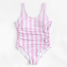 Shein Plus Ruched Detail Low Back Striped Swimsuit