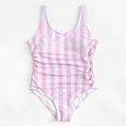 Shein Plus Ruched Detail Low Back Striped Swimsuit