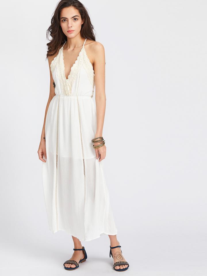 Shein Lace Trim Hollow Out Crisscross Back Halter Dress