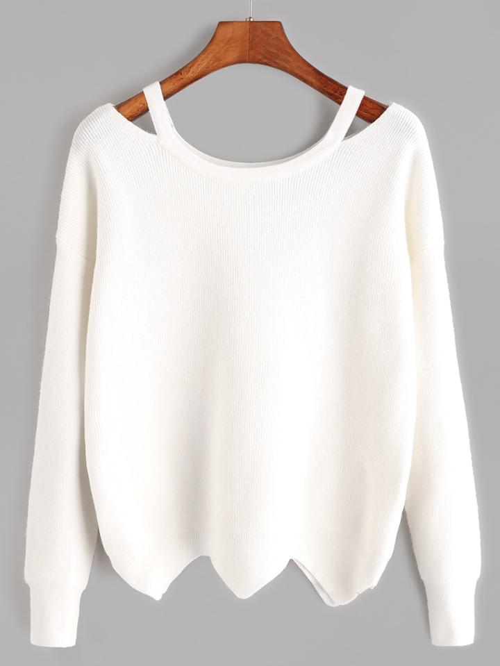 Shein White Cut Out Neck Wave Hem Sweater