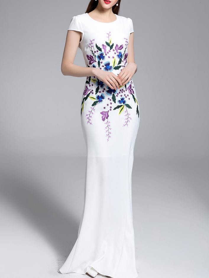 Shein White Crew Neck Embroidered Mermaid Maxi Dress
