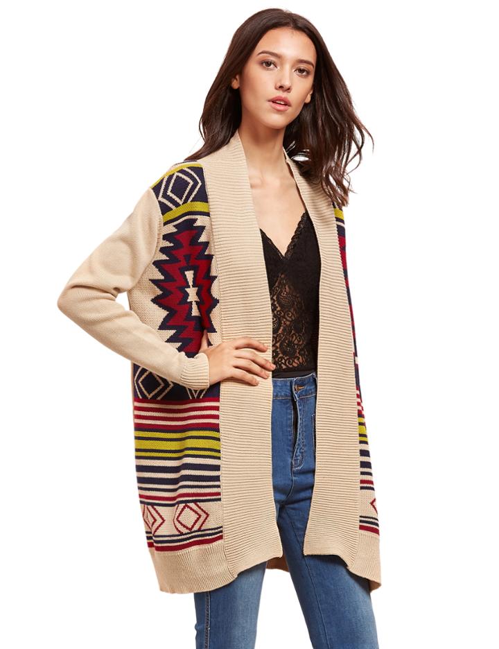 Shein Apricot Geometric Pattern Sweater Cardigan