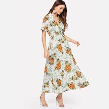 Shein Waist Belted Notched Neck Floral Dress