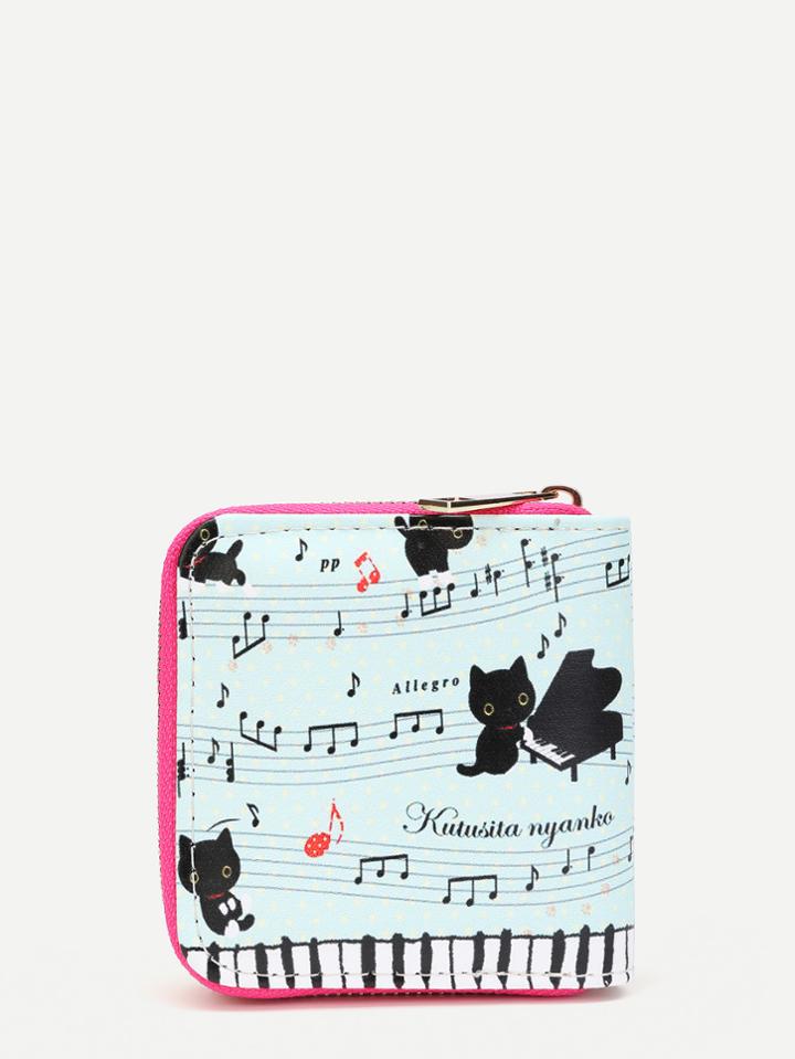 Shein Cat & Stave Print Zip Around Pu Wallet