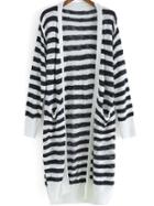 Shein Black White Long Sleeve Striped Knit Cardigan