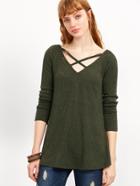 Shein Army Green Crisscross Double V Neck Ribbed T-shirt