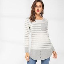 Shein Striped Split Side Button Decoration T-shirt