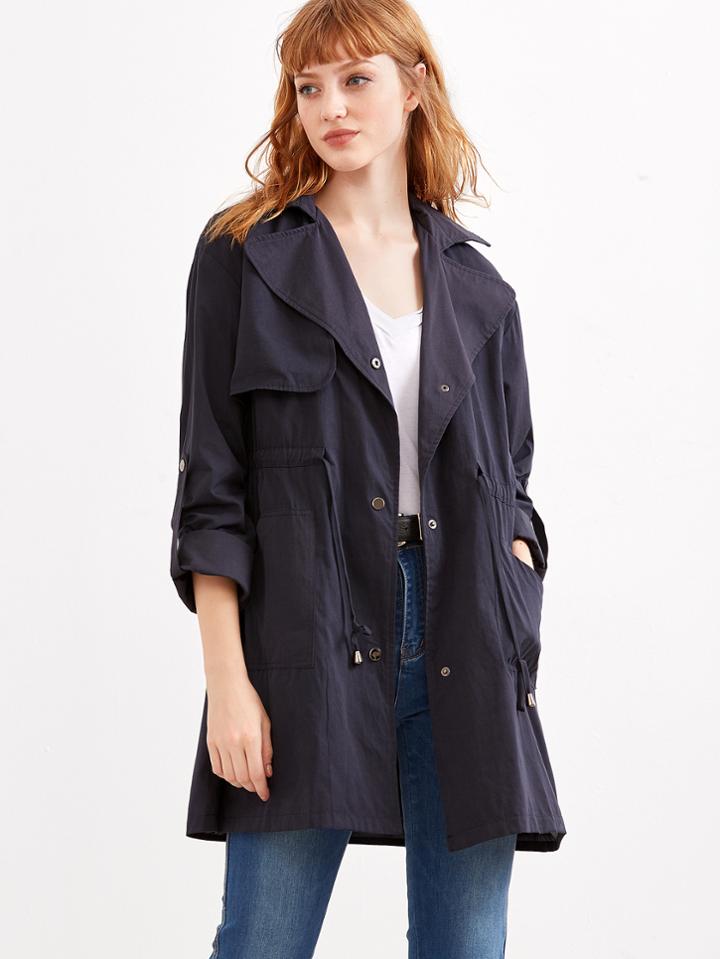 Shein Navy Roll Tab Sleeve Drawstring Waist Trench Coat