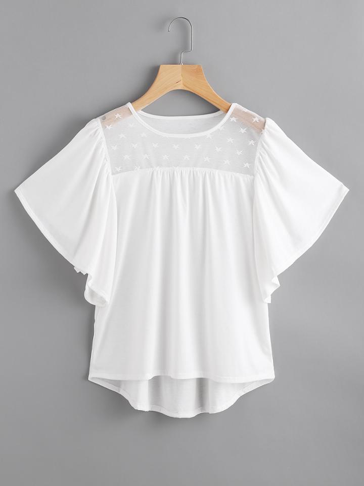 Shein Butterfly Sleeve Lace Insert Dip Hem Tee