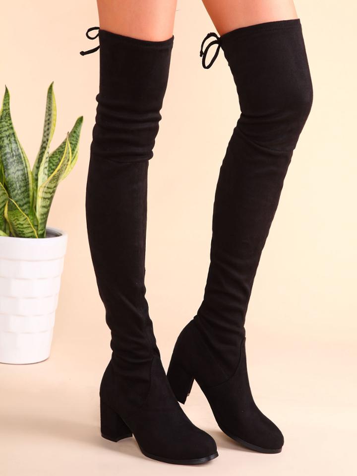 Shein Black Suede Tie Back Chunky Heel Thigh High Boots