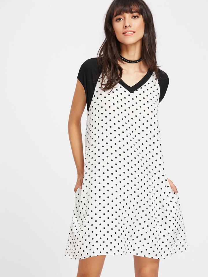 Shein Polka Dpt Print Contrast Raglan Sleeve Tee Dress