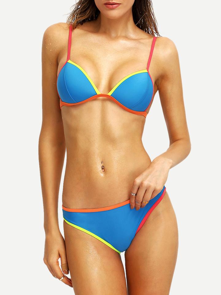 Shein Colorful Binding Triangle Bikini Set - Blue