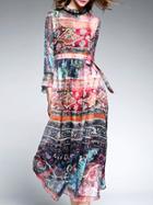 Shein Multicolor Round Neck Length Sleeve Tie-waist Print Dress