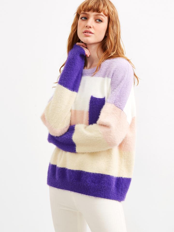 Shein Color Block Drop Shoulder Mohair Sweater With Pocket