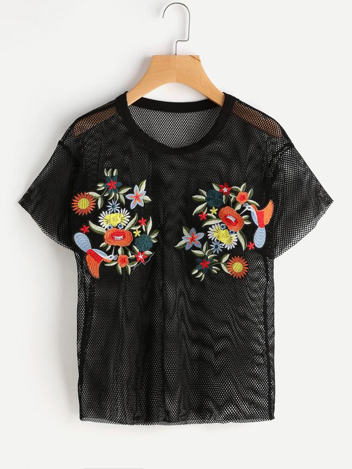 Shein Embroidered Flower Patch Fishnet Top