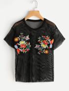 Shein Embroidered Flower Patch Fishnet Top