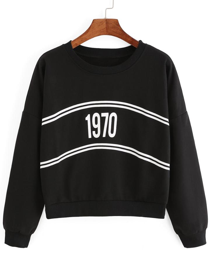 Shein Black Crew Neck Striped 1970 Print Sweatshirt