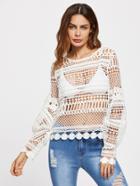 Shein Bishop Sleeve Hollow Out Geo Crochet Top