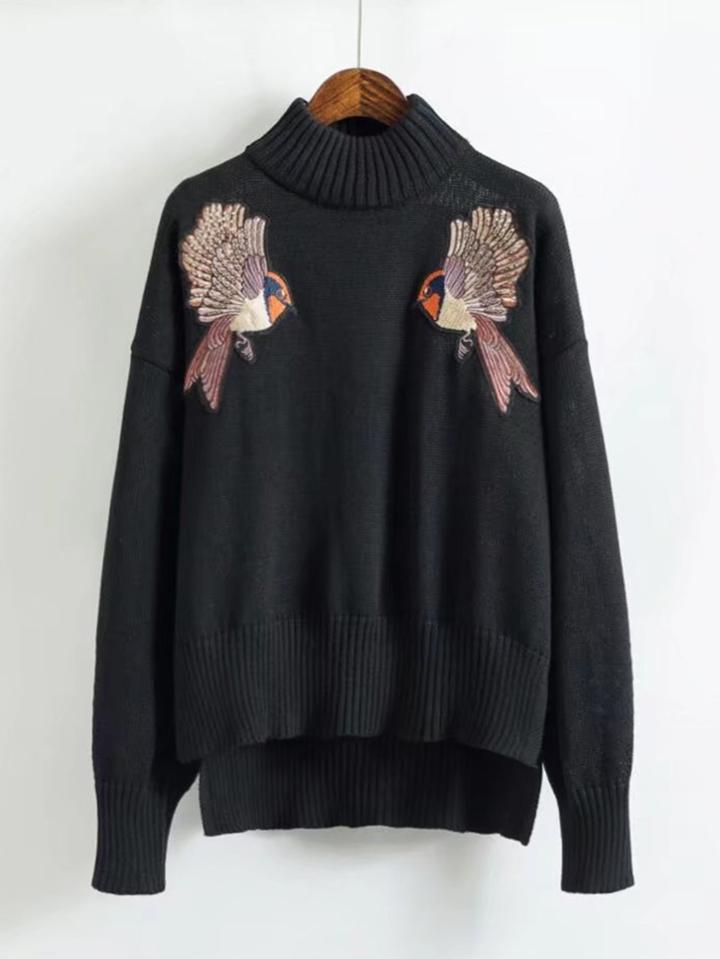 Shein Embroidered Bird Step Hem Sweater