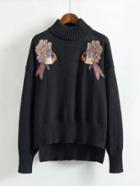 Shein Embroidered Bird Step Hem Sweater