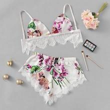 Shein Eyelash Lace Trim Floral Lingerie Set