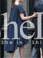 Shein Navy Boat Neck Pleated High Low Dress