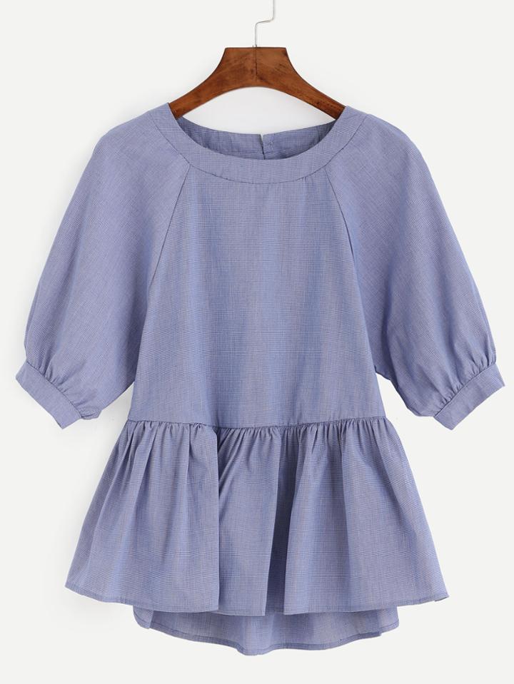 Shein Blue Puff Sleeve Keyhole Back Peplem Blouse
