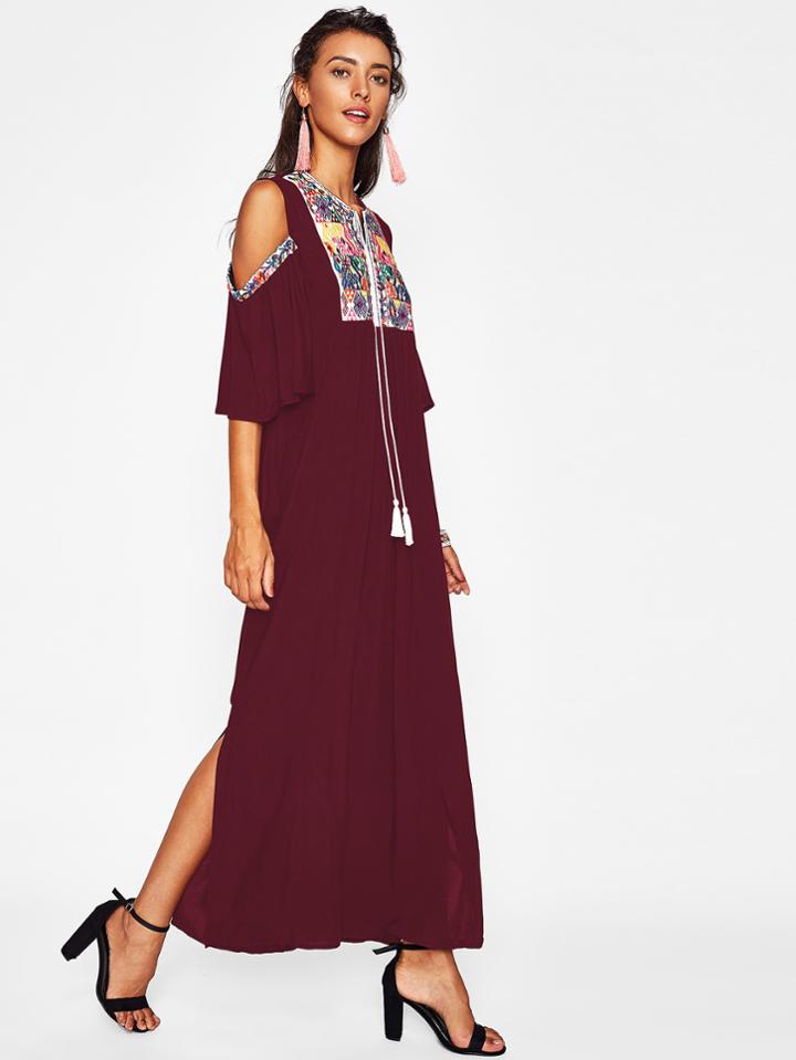 Shein Aztec Embroidered Open Shoulder Tassel Tie Neck Dress