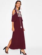 Shein Aztec Embroidered Open Shoulder Tassel Tie Neck Dress