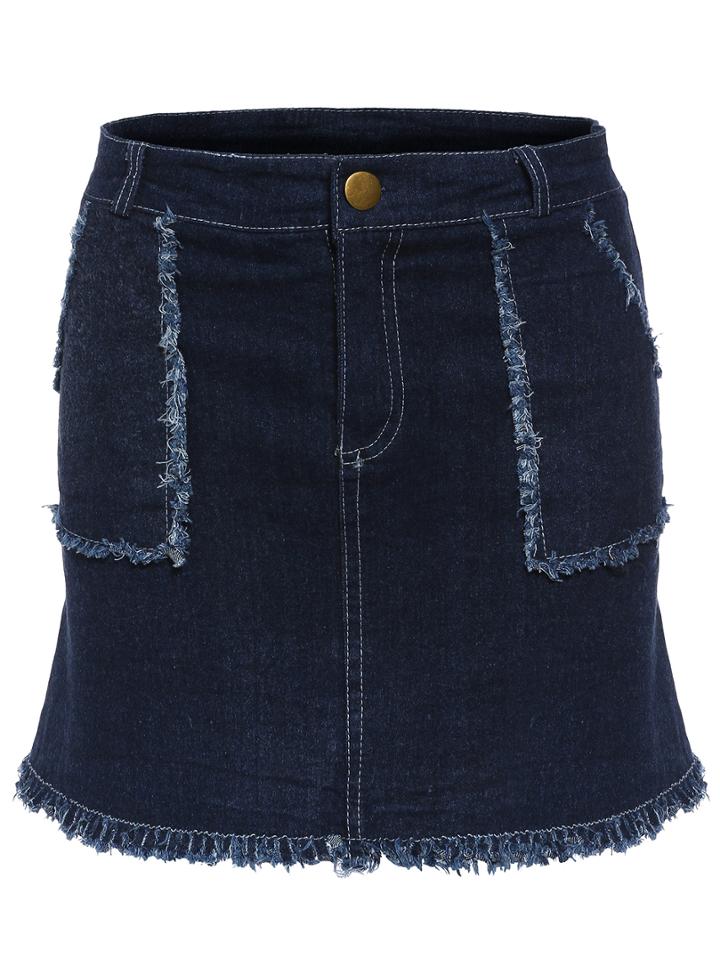 Shein Navy Fringe Pockets Denim Skirt