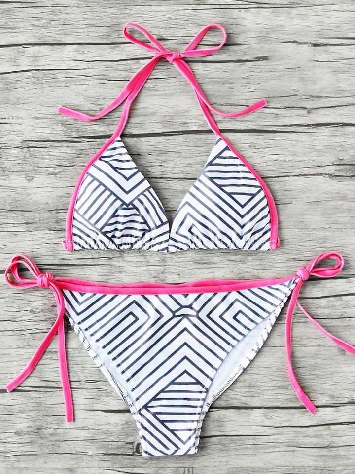 Shein Geometric Stripe Print Side Tie Bikini Set