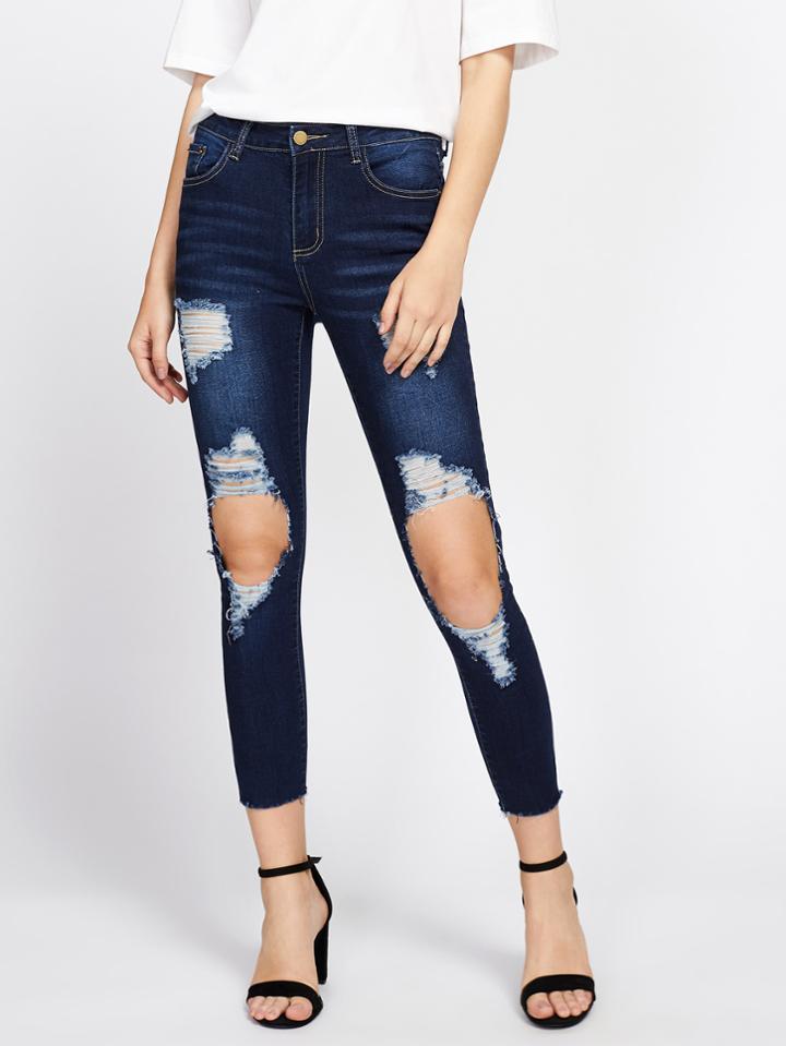 Shein Raw Hem Shredded Rips Jeans