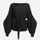 Shein Plus Lantern Sleeve Tie Waist Solid Sweater