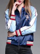 Shein Blue Navy Color Block Flowers Embroidered Coat