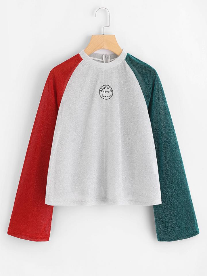 Shein Glitter Contrast Raglan Sleeve Embroidered Tshirt