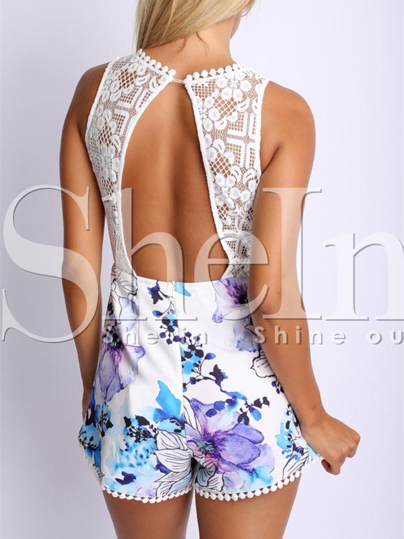 Shein White Deep V Neck Open Back Floral Print Lace Playsuit