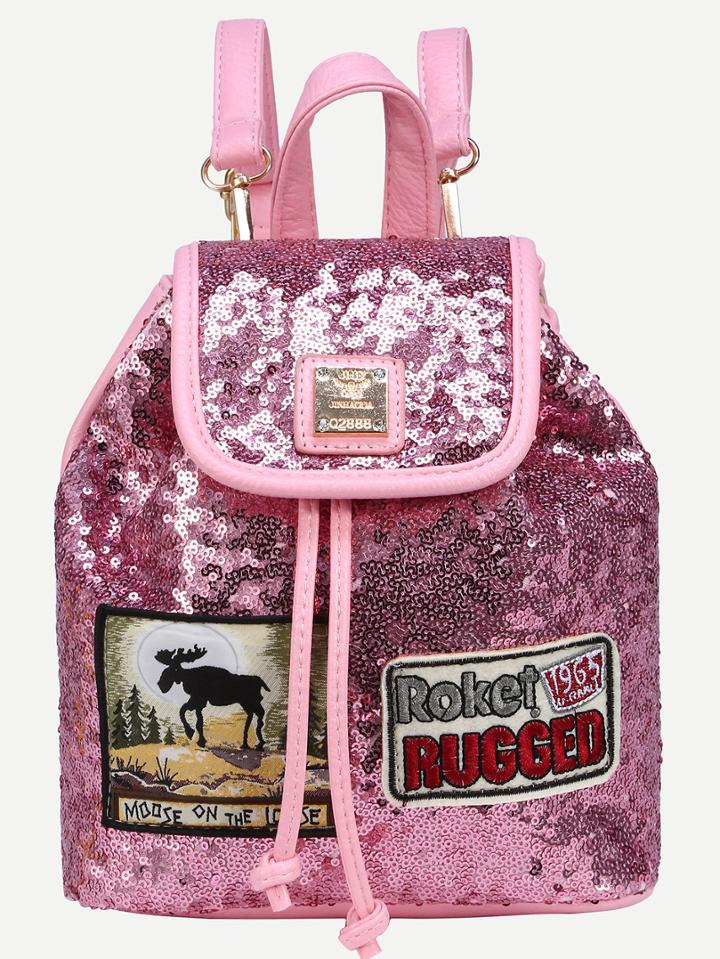 Shein Pink Sequin Embroidered Patch Flap Backpack