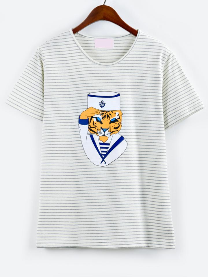 Shein Tiger Print Grey Striped T-shirt