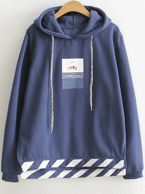 Shein Blue Printed High Low Hooded Sweatshirt