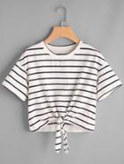 Shein Drop Shoulder Tie Front Striped Crop Tee