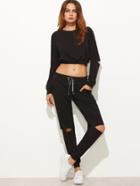 Shein Black Cut Out Sleeve Crop Sweatshirt With Drawstring Waist Pants