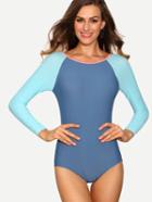 Shein Contrast Raglan Sleeve One-piece Swimwear - Blue